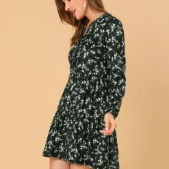 Women Allegra K Floral V Neck Cinched Waist Long Sleeve Dress