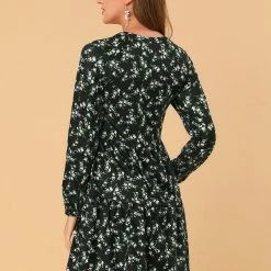 Women Allegra K Floral V Neck Cinched Waist Long Sleeve Dress