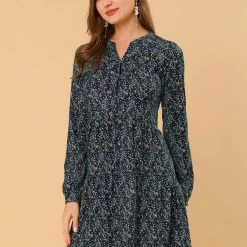 Women Allegra K Floral V Neck Cinched Waist Long Sleeve Dress