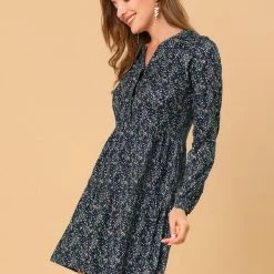 Women Allegra K Floral V Neck Cinched Waist Long Sleeve Dress