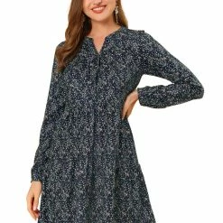 Women Allegra K Floral V Neck Cinched Waist Long Sleeve Dress