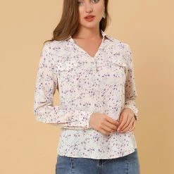 Allegra K Women's Pleated V-neck Long Sleeve Floral Faux Pocket Shirt Blouse