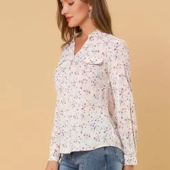 Allegra K Women's Pleated V-neck Long Sleeve Floral Faux Pocket Shirt Blouse