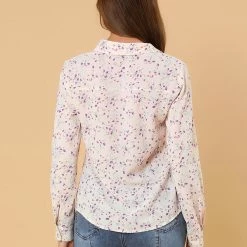 Allegra K Women's Pleated V-neck Long Sleeve Floral Faux Pocket Shirt Blouse