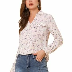Allegra K Women's Pleated V-neck Long Sleeve Floral Faux Pocket Shirt Blouse