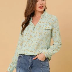 Allegra K Women's Pleated V-neck Long Sleeve Floral Faux Pocket Shirt Blouse