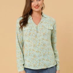 Allegra K Women's Pleated V-neck Long Sleeve Floral Faux Pocket Shirt Blouse