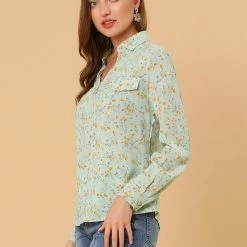Allegra K Women's Pleated V-neck Long Sleeve Floral Faux Pocket Shirt Blouse