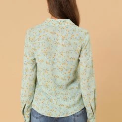 Allegra K Women's Pleated V-neck Long Sleeve Floral Faux Pocket Shirt Blouse