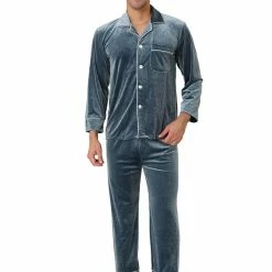 Allegra K Men's Sleepwear Solid Color Long Sleeves Button Down Velvet Pajama Set