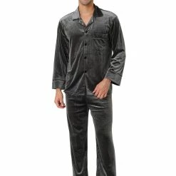 Allegra K Men's Sleepwear Solid Color Long Sleeves Button Down Velvet Pajama Set