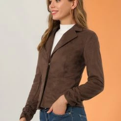 Allegra K Women's Long Sleeve Casual Open Front Drawstring Faux Suede Blazer