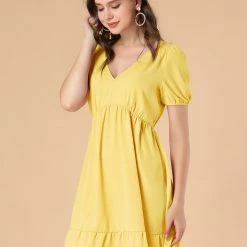 Allegra K Women's V Neck Short Sleeve Ruffle Hem Babydoll Dress