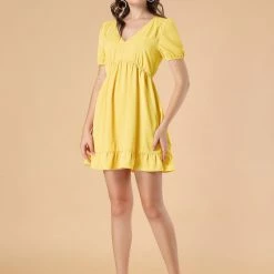 Allegra K Women's V Neck Short Sleeve Ruffle Hem Babydoll Dress