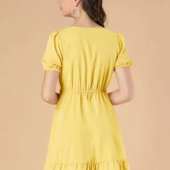 Allegra K Women's V Neck Short Sleeve Ruffle Hem Babydoll Dress