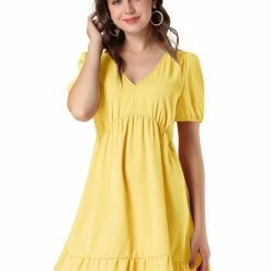 Allegra K Women's V Neck Short Sleeve Ruffle Hem Babydoll Dress