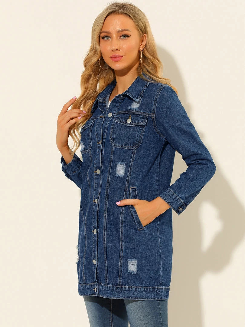 Allegra K Women's Distressed Long Sleeve Ripped Casual Denim Jacket 7 Allegra K Women's Distressed Long Sleeve Ripped Casual Denim Jacket