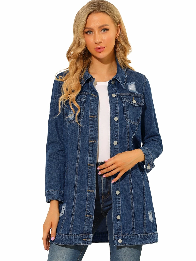 Allegra K Women's Distressed Long Sleeve Ripped Casual Denim Jacket 4 Allegra K Women's Distressed Long Sleeve Ripped Casual Denim Jacket