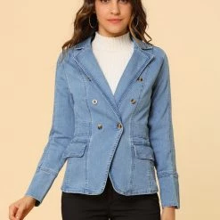 Allegra K Women's Casual Lapel Jeans Long Sleeve Denim Jacket W Pockets
