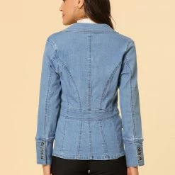 Allegra K Women's Casual Lapel Jeans Long Sleeve Denim Jacket W Pockets