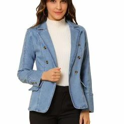 Allegra K Women's Casual Lapel Jeans Long Sleeve Denim Jacket W Pockets