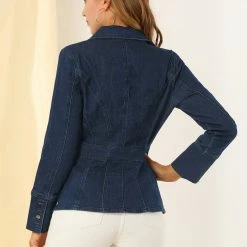 Allegra K Women's Casual Lapel Jeans Long Sleeve Denim Jacket W Pockets