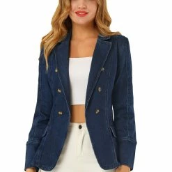 Allegra K Women's Casual Lapel Jeans Long Sleeve Denim Jacket W Pockets