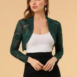Allegra K Women's Crop Cardigan Scalloped Hem Floral Lace Sheer Shrug Top