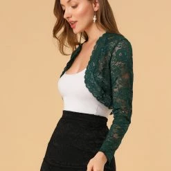 Allegra K Women's Crop Cardigan Scalloped Hem Floral Lace Sheer Shrug Top