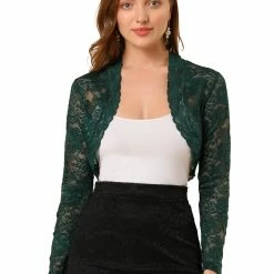 Allegra K Women's Crop Cardigan Scalloped Hem Floral Lace Sheer Shrug Top