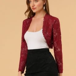 Allegra K Women's Crop Cardigan Scalloped Hem Floral Lace Sheer Shrug Top