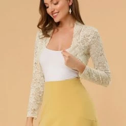 Allegra K Women's Crop Cardigan Scalloped Hem Floral Lace Sheer Shrug Top