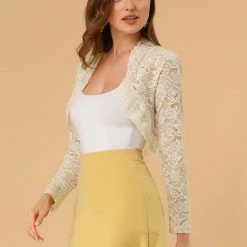 Allegra K Women's Crop Cardigan Scalloped Hem Floral Lace Sheer Shrug Top