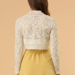 Allegra K Women's Crop Cardigan Scalloped Hem Floral Lace Sheer Shrug Top