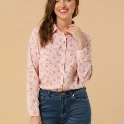 Allegra K Long Sleeve Button Down Ditsy Floral Shirt Women
