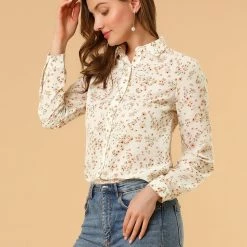 Allegra K Long Sleeve Button Down Ditsy Floral Shirt Women