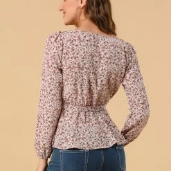 Allegra K Women's Floral Long Sleeve Tops Square Neck Peplum Blouse With Belt