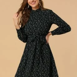 Allegra K Floral Long Sleeve Mock Neck Tie Waist Dress