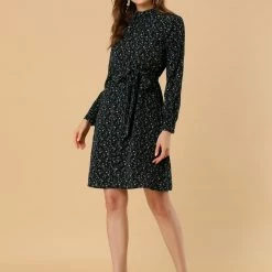 Allegra K Floral Long Sleeve Mock Neck Tie Waist Dress