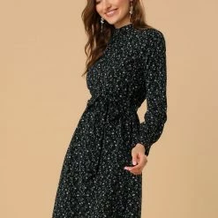 Allegra K Floral Long Sleeve Mock Neck Tie Waist Dress