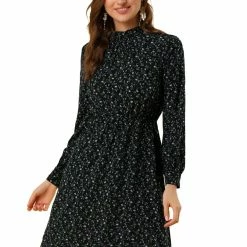 Allegra K Floral Long Sleeve Mock Neck Tie Waist Dress