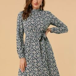 Allegra K Floral Long Sleeve Mock Neck Tie Waist Dress