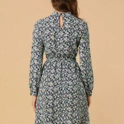 Allegra K Floral Long Sleeve Mock Neck Tie Waist Dress