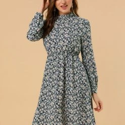 Allegra K Floral Long Sleeve Mock Neck Tie Waist Dress