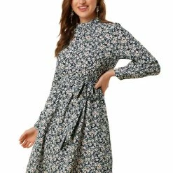 Allegra K Floral Long Sleeve Mock Neck Tie Waist Dress