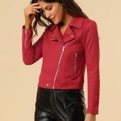 Allegra K Faux Suede Short Jacket With Revere Collar Clothing