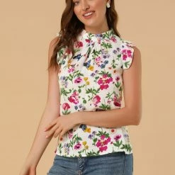 Allegra K Women's Floral Sleeveless Blouses Stand Collar Summer Ruffle Tops