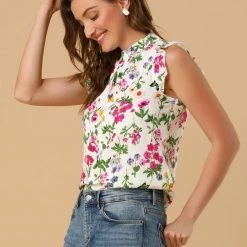 Allegra K Women's Floral Sleeveless Blouses Stand Collar Summer Ruffle Tops