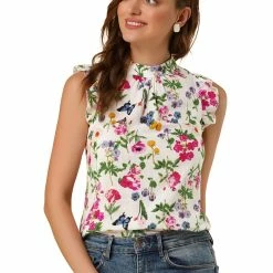 Allegra K Women's Floral Sleeveless Blouses Stand Collar Summer Ruffle Tops