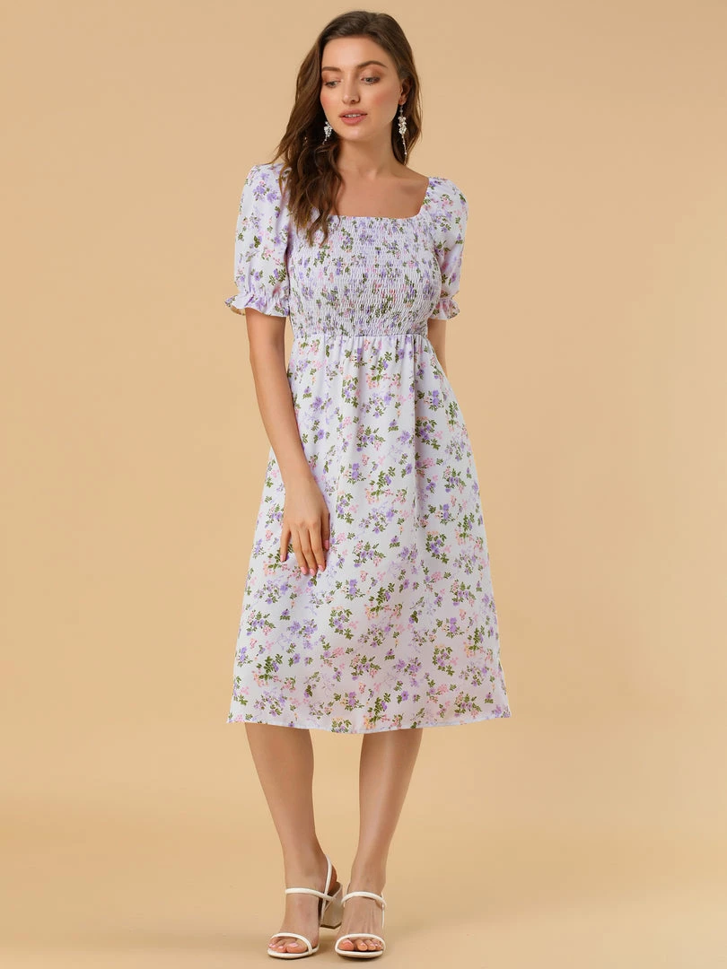 Allegra K Women's Square Neck Puff Sleeves Casual Midi Smocked Floral Dress 11 Allegra K Women's Square Neck Puff Sleeves Casual Midi Smocked Floral Dress